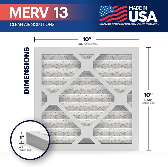 BNX TruFilter 10x10x1 Air Filter MERV 13 (6-Pack) - MADE IN USA - Electrostatic Pleated Air Conditioner HVAC AC Furnace Filters for Allergies, Pollen, Mold, Bacteria, Smoke, Allergen, MPR 1900 FPR 10