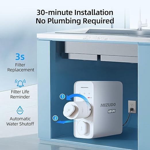 Compact Tankless RO System Under Sink, Mizudo 8 Stage Reverse Osmosis System, 600GPD, NSF/ANSI 372&53&42 Certified, 3:1 Pure to Drain, Quiet & Leakproof RO Water Filtration System for Small Kitchen
