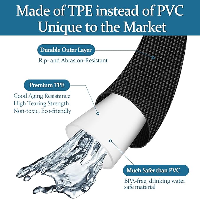 Garden Hose 100ft, Made of TPE(Not PVC), Ultra-Light & Flexible Water Hose with Solid Brass Fittings, Non-Shrinking, Easy to Storage, Drinking Water Safe Material, All-weather, Black, Newbox