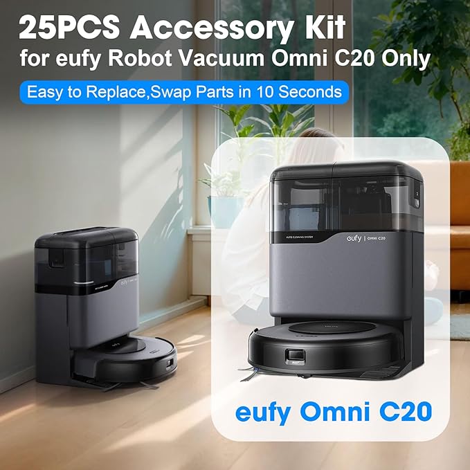 25PCS Replacement Parts for eufy Omni C20 Vacuum Cleaner Includes Main Brush, Mop Pads, HEPA Filters, Dust Bags, Side Brushes High-Performance Compatible with eufy Robot Vacuum Cleaner