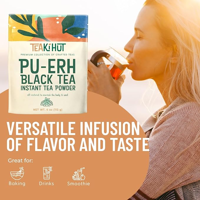 Instant Pu-erh Black Tea Powder 4 oz, Low-Carb, Low-Calorie Black Tea for Hot & Cold Beverages, Refreshing Instant Powder for Lattes, Smoothies, Cocktails & Baked Goods