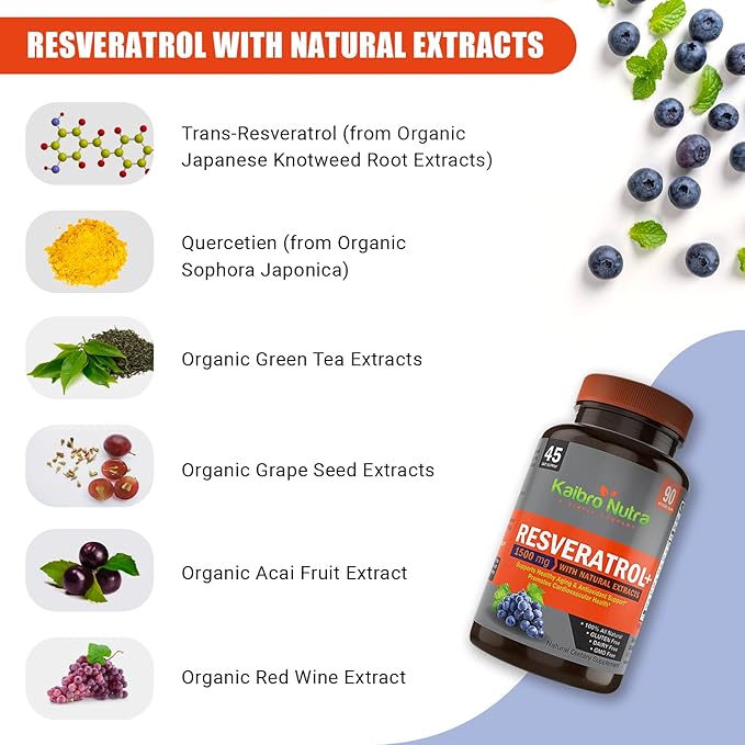 Kaibro Nutra Resveratrol 1500mg per Serving of Organic Trans-Resveratrol & Potent Antioxidants, Pure Extra Strength Complex, Anti-Aging, Radiant Skin and Immunity Support- 45 Day Supply