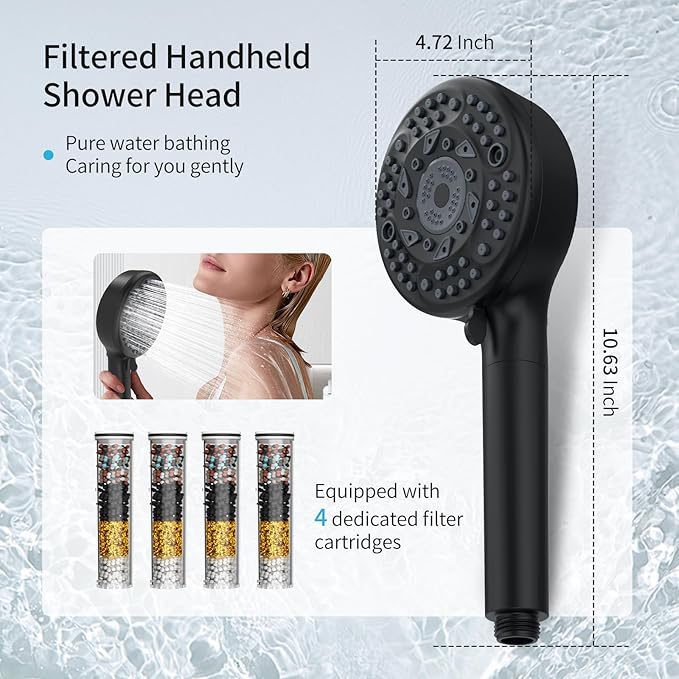 Filtered Shower Head with Handheld, 9 Spray Mode High Pressure Shower Head with 4 Filters, Hard Water Filter Showerhead - Remove Chlorine, Matte Black