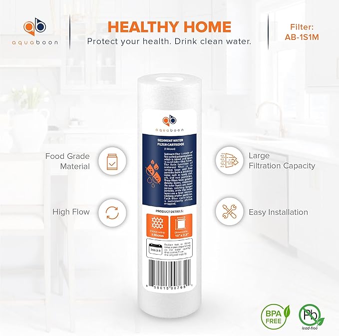 Aquaboon 1 Micron Whole House Sediment Filter 10 x 2.5 for RO & Well Water Filters Replacement Cartridges Compatible with AP110, WHKF-GD05, 6 Pack