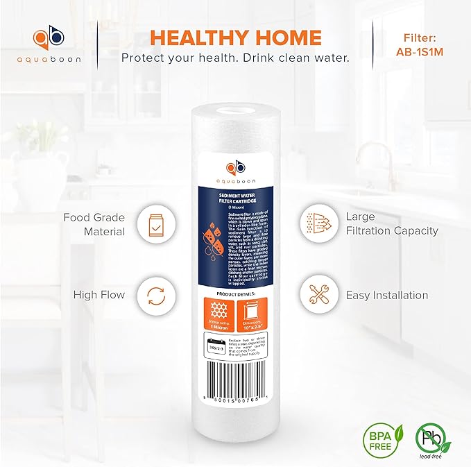Aquaboon 1 Micron Whole House Sediment Filter 10 x 2.5 for RO & Well Water Filters Replacement Cartridges Compatible with AP110, WHKF-GD05, 25 Pack