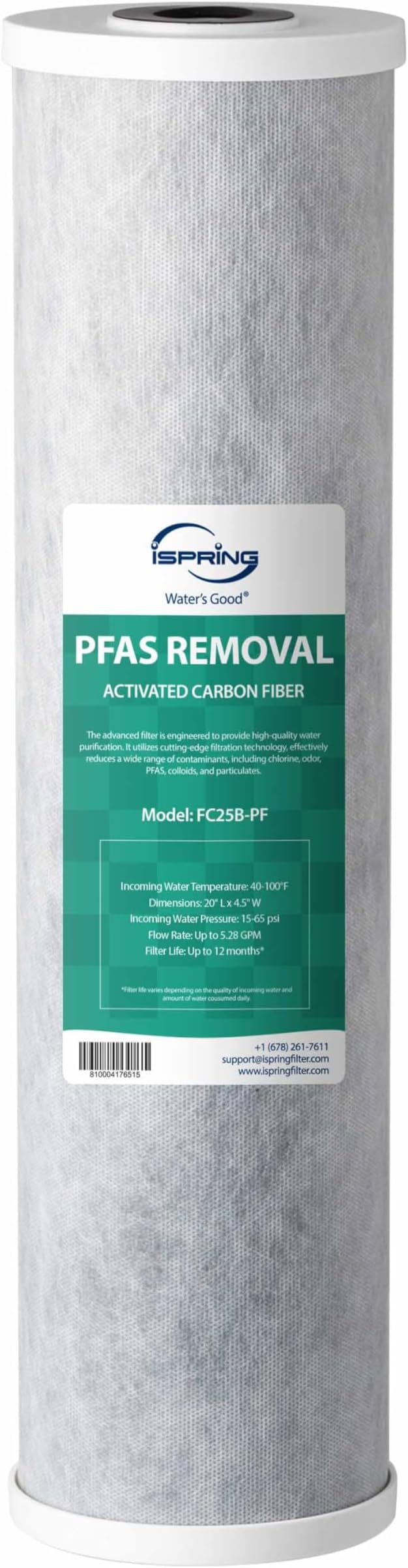 iSpring FC25B-PF 4.5” x 20” Whole House Water Filter, Removes up to 99% PFAS, PFOA/PFOS, Chlorine, VOCs, with SGS Tested Filtration Media