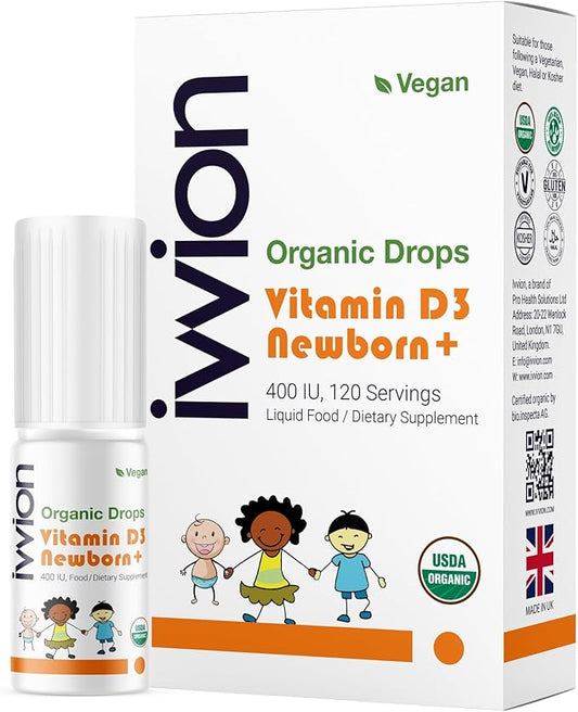 Organic Vegan 400IU, Vitamin D3, 120 Drops – Baby Drop for Infants & Toddlers | USDA Organic, Non-GMO, Plant-Based, No Additives or Preservatives, All Natural, Made in UK