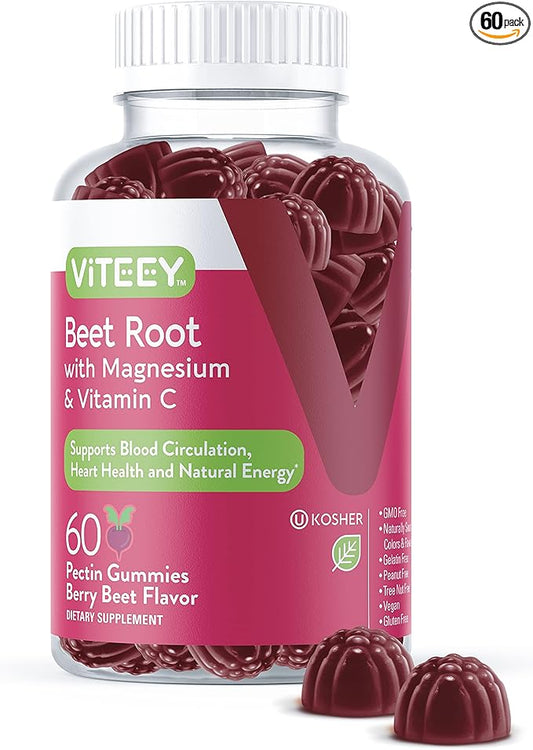 Viteey Beet Root Gummies with Magnesium & Vitamin C - Beetroot Supplement for Heart Health, Blood Pressure Support - Vegan, Gluten-Free - 60 Count