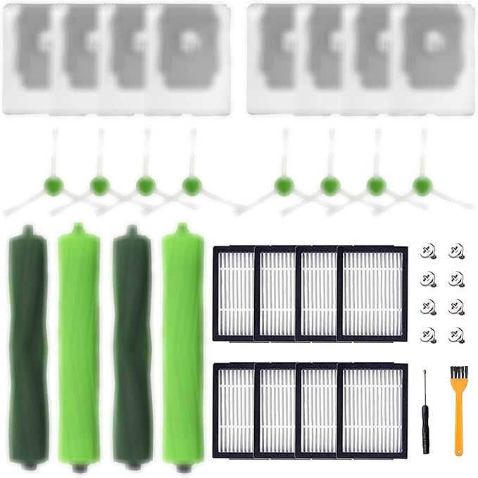 Replacement Parts for irobot Roomba i1+ i7/i7+ i3+ i4+i6+ i8+ J7+/Plus E5 E6 E7,I & E & J Series Vacuum Cleaner Accessories inclue 2 Set Roller Brushes & 8 Filters & 8 Side Brushes & 8 dust Bags