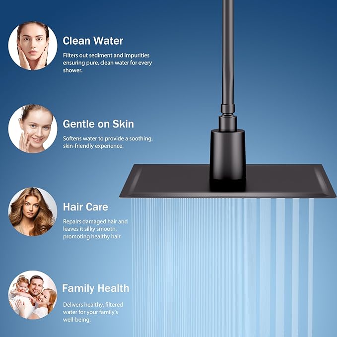 Lordear Filtered Shower Head 12 Inch Stainless Steel Square Shower Head, High Pressure Showerhead for Hard Water,Ceiling or Wall Mounted Waterfall Shower (Matte Black)