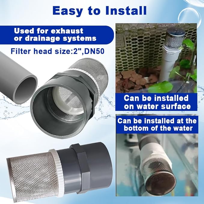 2" Stainless Steel Filter Cover Connected to 2 inch/DN50 Grey PVC Filter Water Pipe, Suction Strainers Used to Remove Debris and Reduce Solid Entry（1pcs）