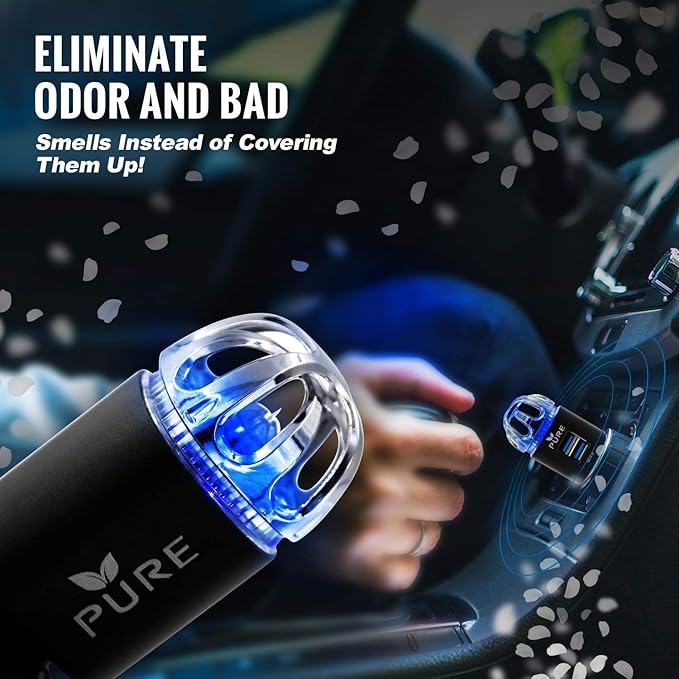 Car Air Purifier Premium Air Ionizer & Car Charger Accessory w Dual USB Ports Quick Charge 3.0 Eliminate Allergens Bad Odor Pet Smell Smoke Pollen Mold Bacteria Viruses PM2.5 & VOCs Deodorizer