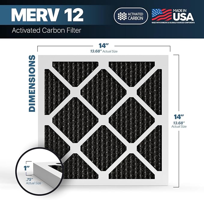 BNX TruFilter 14x14x1 MERV 12 Odor Defense (6-Pack) AC Furnace Air Filter with Activated Carbon - MADE IN USA - Pleated Air Conditioner HVAC AC Furnace Filters - Removes Odor, Mold, Bacteria, Smoke