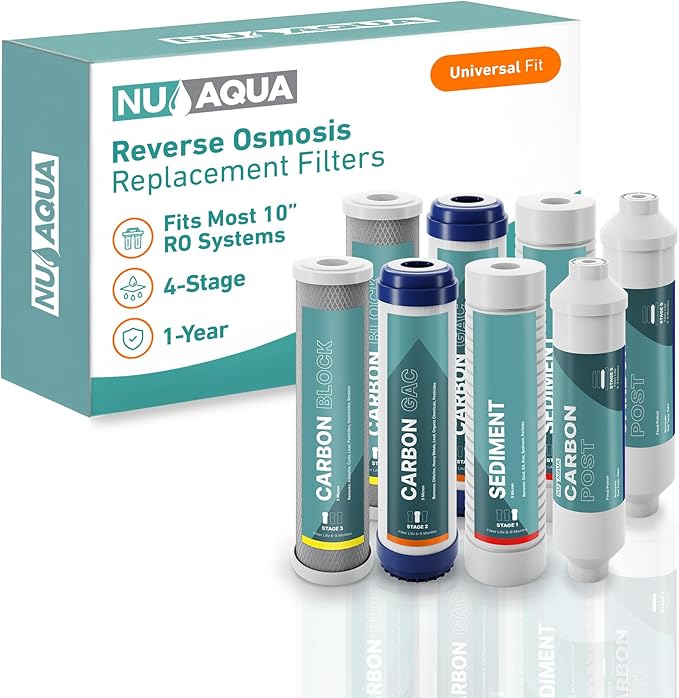NU Aqua Reverse Osmosis Water Filter System Replacement Set - 4 Stage 1 Year Under Sink Kit - Includes Sediment, Carbon Filters, Parts & Fittings - Universal RO Filtration Cartridge Pack