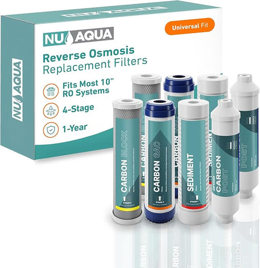 NU Aqua Reverse Osmosis Water Filter System Replacement Set - 4 Stage 1 Year Under Sink Kit - Includes Sediment, Carbon Filters, Parts & Fittings - Universal RO Filtration Cartridge Pack