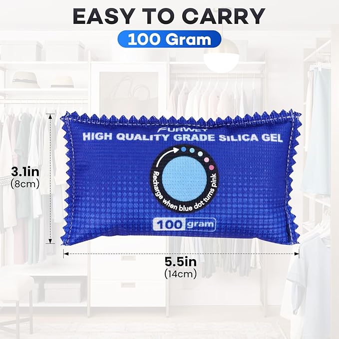 100g [ 6 Packs] Rechargeable Desiccant Packs for Storage, Color Indicating Silica Gel Desiccant Packets, Moisture absorbers for storage, Dehumidifier bag for Closets