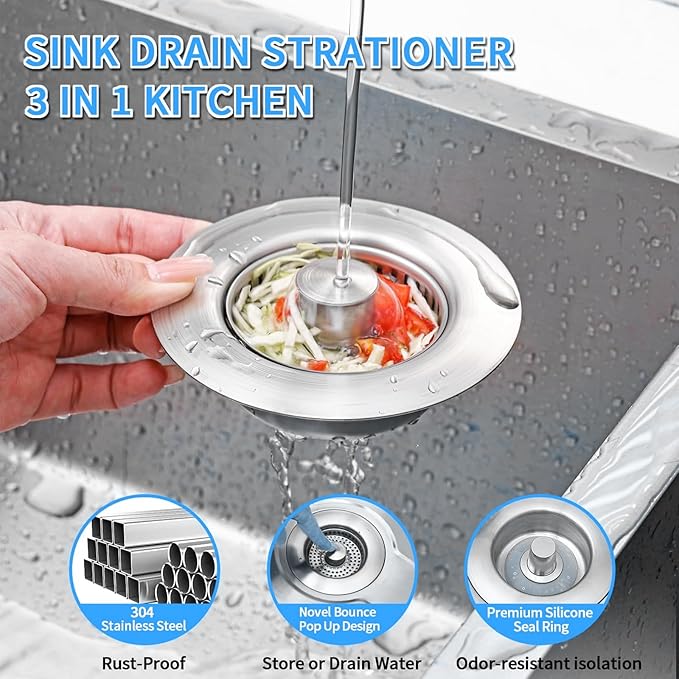 2025 Upgraded 3-in-1 Kitchen Sink Drain Strainer Stopper |Rust-Proof Strainer Basket |Universal Fit for Standard 3.5" Drains |Anti-Clog&Odor Filter |Efficient Drainage (Stainless Steel, 4 PCS)