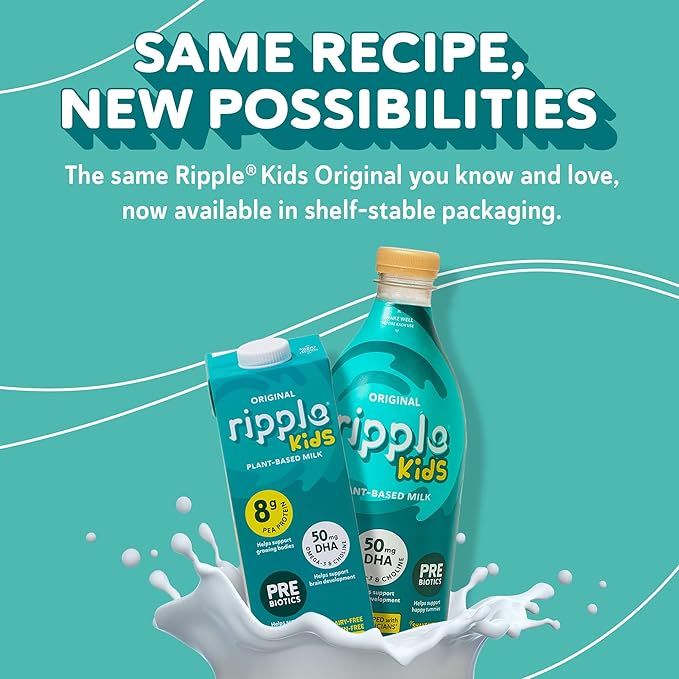 Ripple 32 oz Plant Based Milk 8g of Quality Sourced Pea Protein, Calcium Rich | Shelf Stable | Vegan & Non GMO Certified | Dairy, Soy, Nut, Gluten, & Lactose Free (Pack of 6) (32 Fl Oz (Pack of 6), Kids Original)