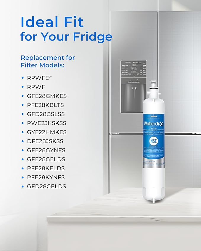 Waterdrop WD-F19C Replacement for GE® RPWFE®, RPWF (with CHIP) Refrigerator Water Filter, Compatible with GFE28GBLTS, GFE28GGKBB, GFE28GSKSS, PFE28KSKSS, PFE28KMKES, 2 Filters Package May Vary