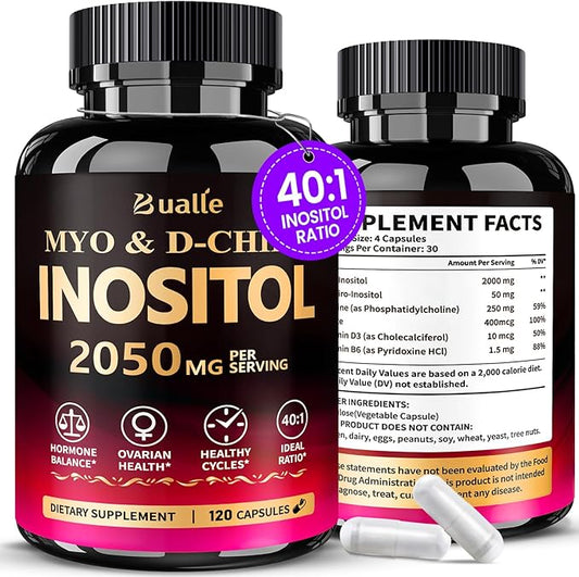 Myo-Inositol & D-Chiro Inositol Supplement for Women, 40:1 Ratio, Hormone Balance, Menstrual Cycle & Ovarian Health Support, Vegan, Non-GMO, 120 Myo & D-Chiro Inositol Capsules