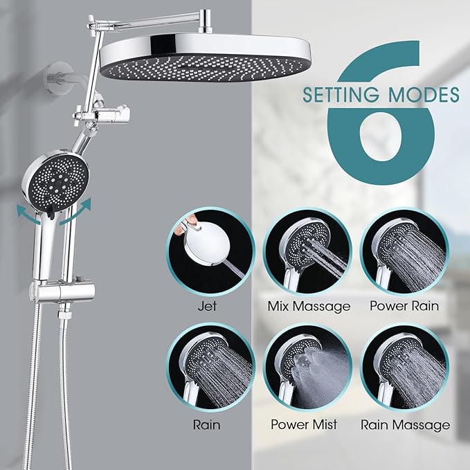 14" x 8" Rectangle High Pressure Rainfall Shower Head with Handheld Combo, 6 Setting Handheld Shower Head, Adjustable Height Shower Extension Arm and Slide Bar for Easy Reach - Chrome