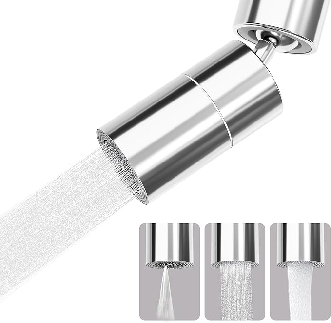 Frizzlife 360° Swivel Faucet Aerator Sink Extender, 3-Mode Sprayer Water Filter Extension Replacement, Universal Big Angle Tap Head Attachment for Kitchen/Bathroom & Washing Hair/Face/Toddlers Use