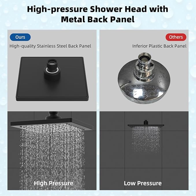 Hibbent Thickness Metal Rain Shower Head, 6'' High Pressure Rainfall Shower Head, Square Bathroom Waterfall Shower Heads, High Flow Fixed Showerheads with Adjustable Brass Ball Joint, Matte Black