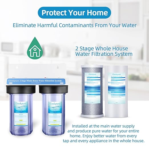 Geekpure 2 Stage Whole House Water Filter System with 10-Inch Big Clear Housing PP and Carbon Filters-1" NPT