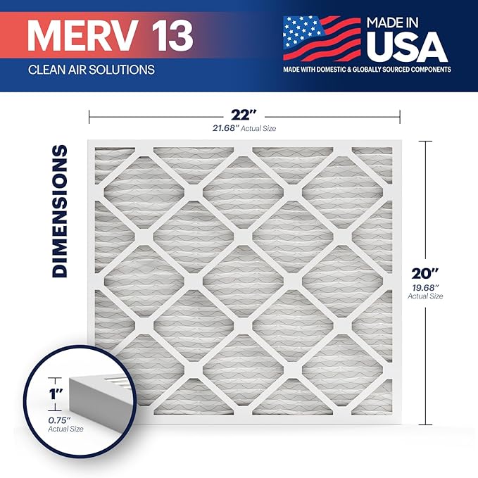 BNX TruFilter 20x22x1 Air Filter MERV 13 (6-Pack) - MADE IN USA - Electrostatic Pleated Air Conditioner HVAC AC Furnace Filters for Allergies, Pollen, Mold, Bacteria, Smoke, Allergen, MPR 1900 FPR 10