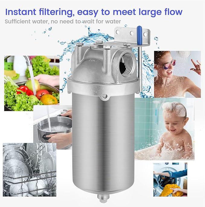 Amwater NSF/ANSI 42 Stainless Steel Whole House Water Filter Housing, 5" x 2.5" Sediment Water Filter System for Heavy Duty, Well & City Water, 3/4" NPT Port, Drain Valve Style C