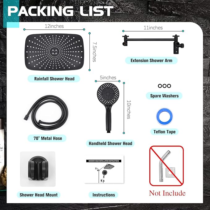 Shower Head 12'' High Pressure Rain Shower Head Combo, Filtered Handheld with 10 Water Spray, 3-Way Diverter Extension Arm Rainfall Showerhead, Adjustable Shower head with Anti-Clog Nozzles