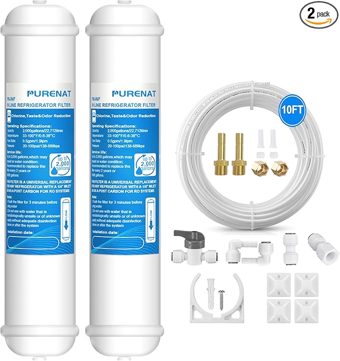 Inline Water Filter for Refrigerator and Ice Maker(2 Pack),1/4" Push Connect Post Carbon Filter Replacement for Reverse Osmosis Water System,Include 1/4" Water Line and Quick Connect Fittings