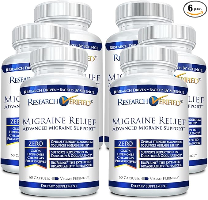 Research Verified Migraine Relief - Dual Action Supplement - Reduce Severity and Duration, Balance Hormones - with Ginger and Ginko Biloba- 60 Capsules Per Bottle - 6 Month Supply
