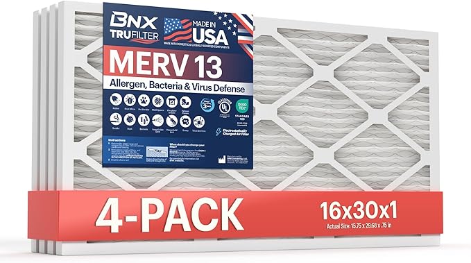 BNX TruFilter 16x30x1 Air Filter MERV 13 (4-Pack) - MADE IN USA - Electrostatic Pleated Air Conditioner HVAC AC Furnace Filters for Allergies, Pollen, Mold, Bacteria, Smoke, Allergen, MPR 1900 FPR 10