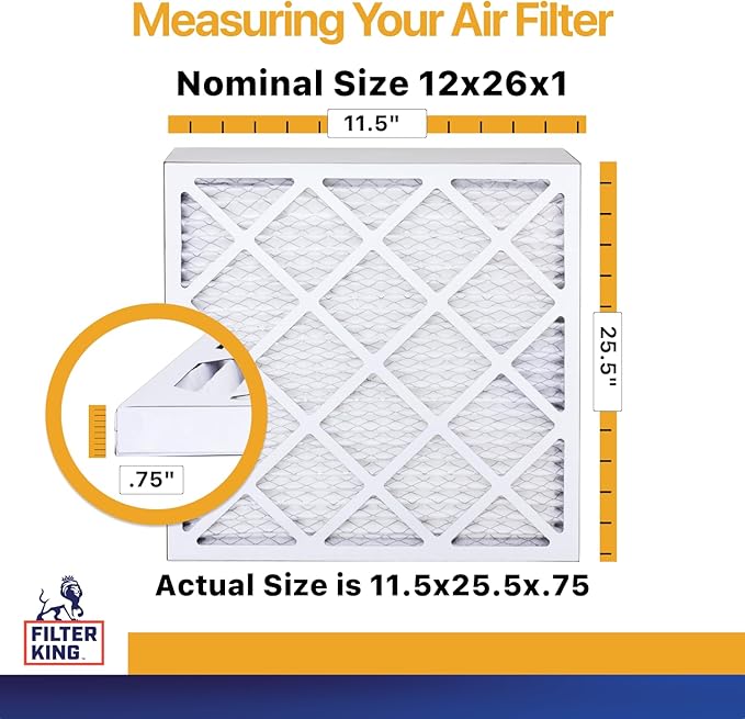 Filter King 12x26x1 Air Filter | 6-PACK | MERV 13 | HVAC Pleated AC Furnace Filters | MADE IN USA | Actual Size: 11.5 x 25.5 x .75"