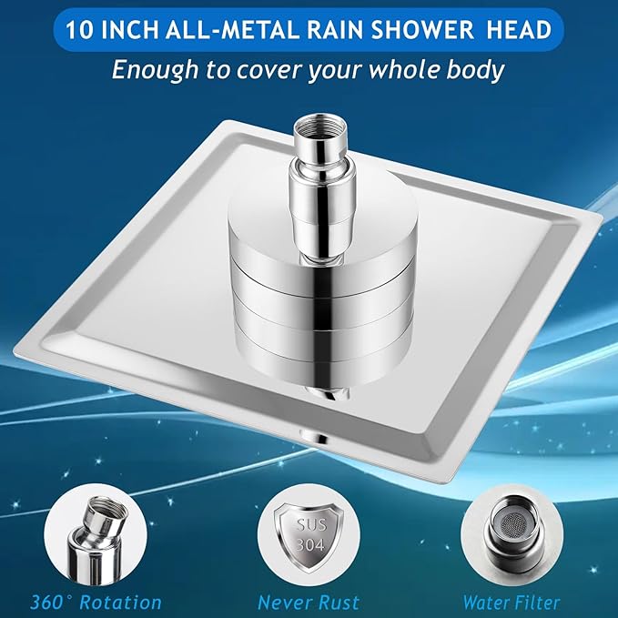Voolan Rain Shower Head with Filtered - High Flow Large Rainfall Shower Heads Made of Stainless Steel - Waterfall Showerhead Filter For Hard Water (10" Chrome)