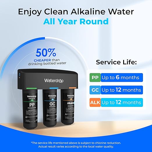 Waterdrop TSB-ALK 8 Layer Slightly Alkaline Under Sink Water Filter System, Reduces PFAS, PFOA/PFOS, Fluoride, Chlorine, Bad Taste & Odor, with Dedicated Faucet, Under Sink Water Filtration System