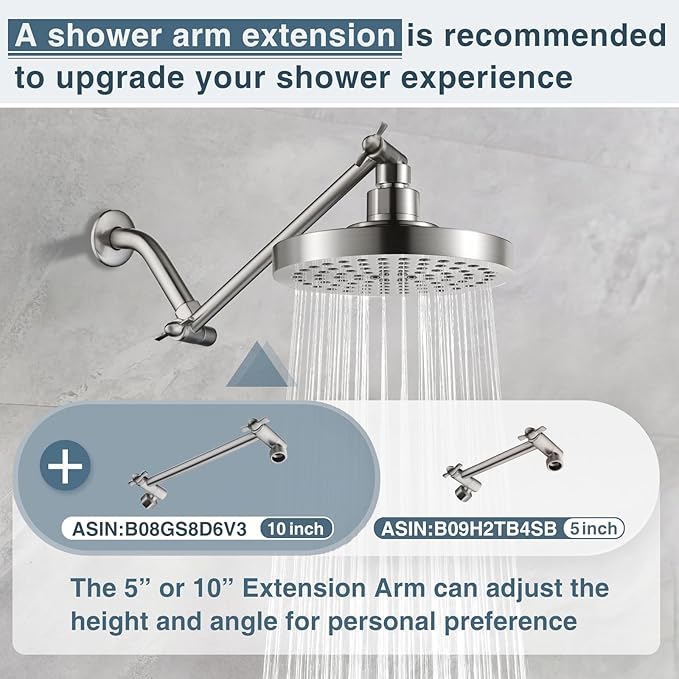 BRIGHT SHOWERS High Pressure Shower Head, 6 Inch Rain Shower Head, 2 Spray Settings Rainfall Shower Heads, Adjustable Angle Replacement Bathroom Showerhead, Easy Installation Brushed Nickel