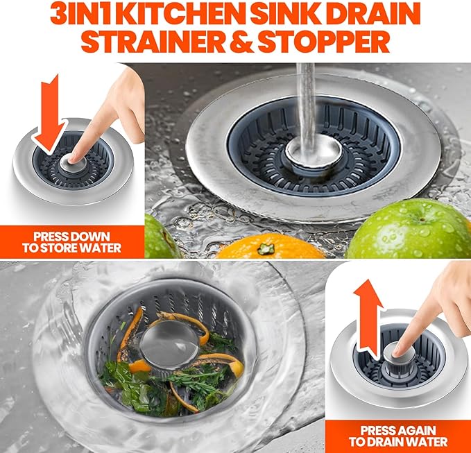 2 Pack 3 in 1 Kitchen Sink Drain Strainer & Sink Stopper, Upgraded Stainless Steel Drain Plug Combo with Anti-Clog Basket, Pop Up Drain Cover for Standard 3-1/2'',Garbage Disposal Parts