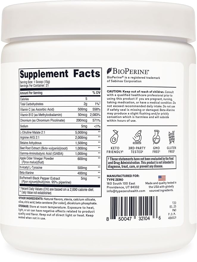 Type Zero Ultra Clean Stim Free Pump Pre Workout (Pineapple Orange Mango) Beetroot, Arginine, Citrulline Malate, Betaine, Beta A, ACV+ Sugar/Caffeine Free Non Stim Preworkout Men & Women