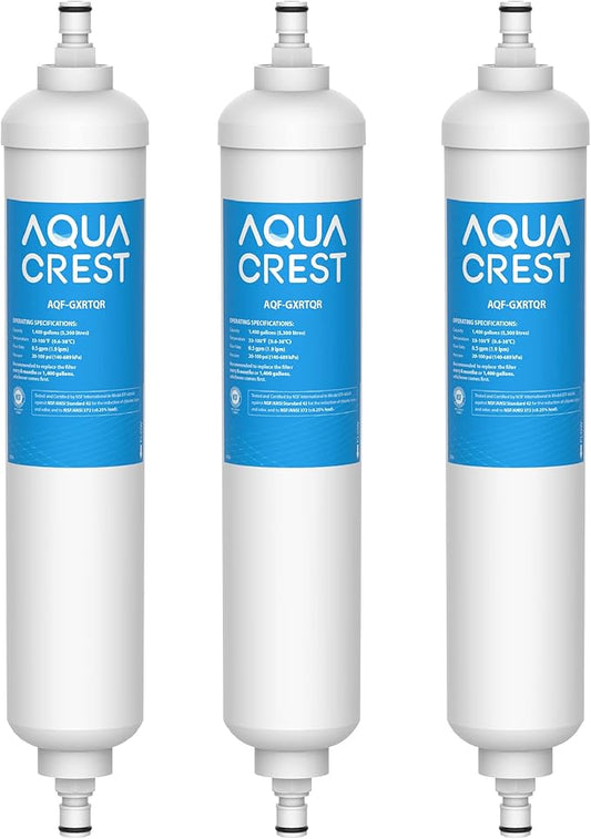 AQUA CREST GXRTQR Inline Water Filter, NSF Certified, Compatible with GE GXRTQR, GXRTQ System, Reduces Chlorine, Fluoride, Limescale and More, for Refrigerator, Icemaker, RVs (3 Filters)