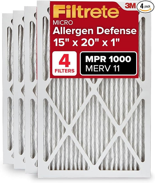 Filtrete 15x20x1 AC Furnace Air Filter, MERV 11, MPR 1000, Micro Allergen Defense, 3-Month Pleated 1-Inch Electrostatic Air Cleaning Filter, 4 Pack (Actual Size 14.81x19.81x0.81 in)