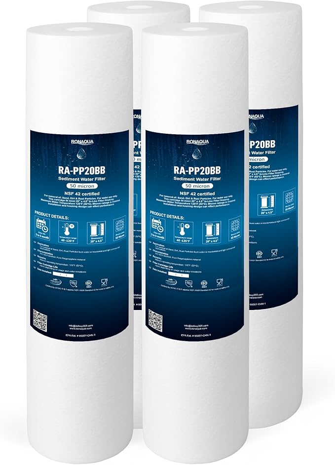 Ronaqua 20" x 4.5" Big Sediment Replacement Water Filter Cartridge, 50 Micron, NSF Certified, for Whole House, Compatible with 155358-43, 2PP20BB1M, AP810-2, FPMB-BB5-20, P5-20BB, SDC-45-2005, 4 Pack