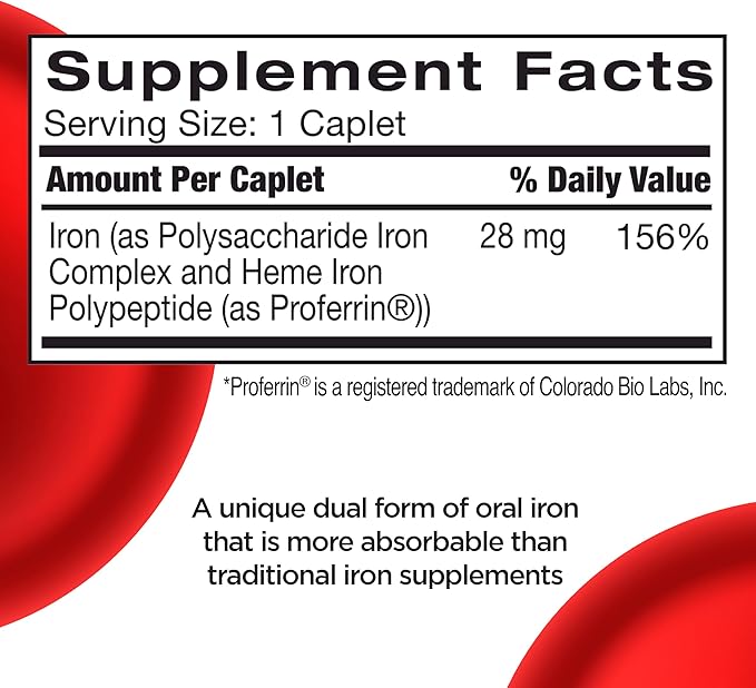 Feosol Complete Iron Supplement Caplets, Bifera Iron for High Absorption, Heme and Non-Heme Dual Action Minimizes Side Effects, 1 Per Day, Energy and Immune System Support, Pack of 2, Total 60 Count