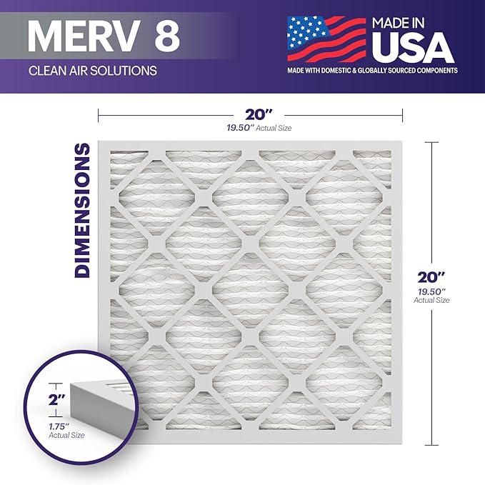 BNX TruFilter 20x20x2 Air Filter MERV 8 (4-Pack) - MADE IN USA – Dust & Pet Defense Electrostatic Pleated Air Conditioner HVAC AC Furnace Filters for Dust, Pet, Mold, Pollen MPR 600 – 700 & FPR 5