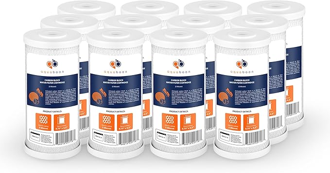 Aquaboon 5 Micron 10x4.5 Carbon Block Water Filters Whole House CTO Water Filter Replacement Cartridge Compatible with FXHTC, CB-BB-10, EP-BB, 12-Pack