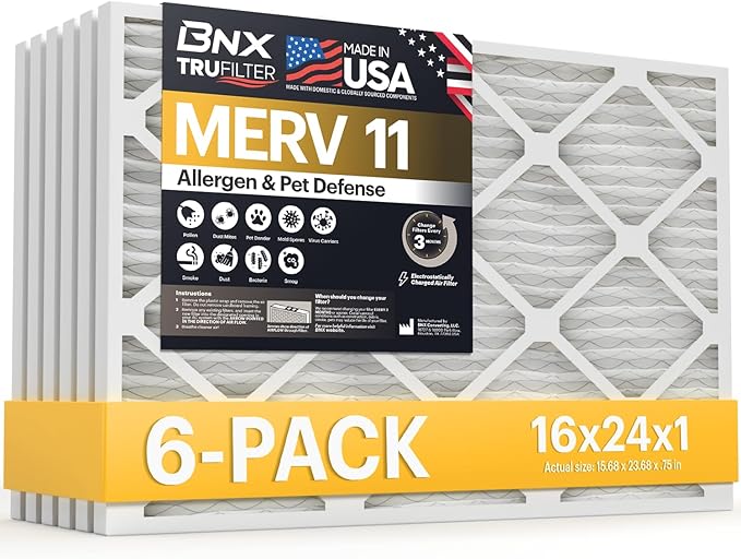 BNX TruFilter 16x24x1 Air Filter MERV 11 (6-Pack) - MADE IN USA - Allergen Defense Electrostatic Pleated Air Conditioner HVAC AC Furnace Filters for Allergies, Dust, Pet, Smoke, Allergy MPR 1200 FPR 7