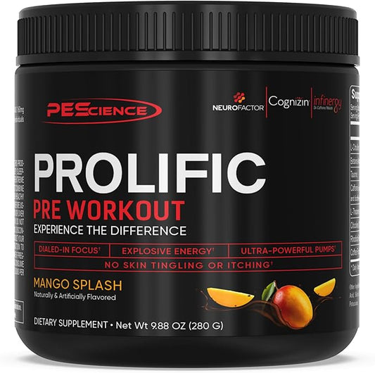PEScience Prolific Pre Workout Powder for Men & Women with L-Citrulline Nitric Oxide Booster, Energy Powder & Nootropic for Focus – Preworkout Without Beta Alanine – 40 Scoops, Mango Splash