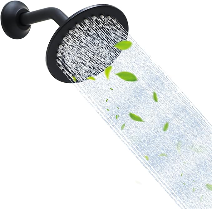 6 Inch Round Rainfall Shower Head with Stainless Steel Arm High Pressure Water Saving Anti-Clog Nozzles Easy Install for Bathroom/Bathtub (Round, Black)