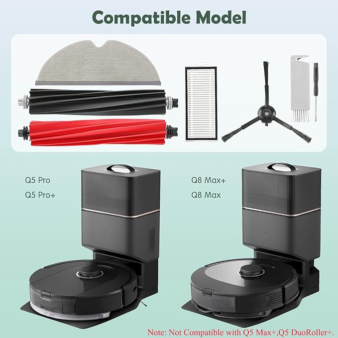 Q5 Pro Accessories Kit Replacement Compatible with Roborock Q5 Pro / Q5 Pro+ / Q8 Max / Q8 Max+ Robot Vacuum, 1 Dual Main Brush, 4 Mop Cloth Pads, 6 Side Brushes, 4 Washable Filter, 1 Tool
